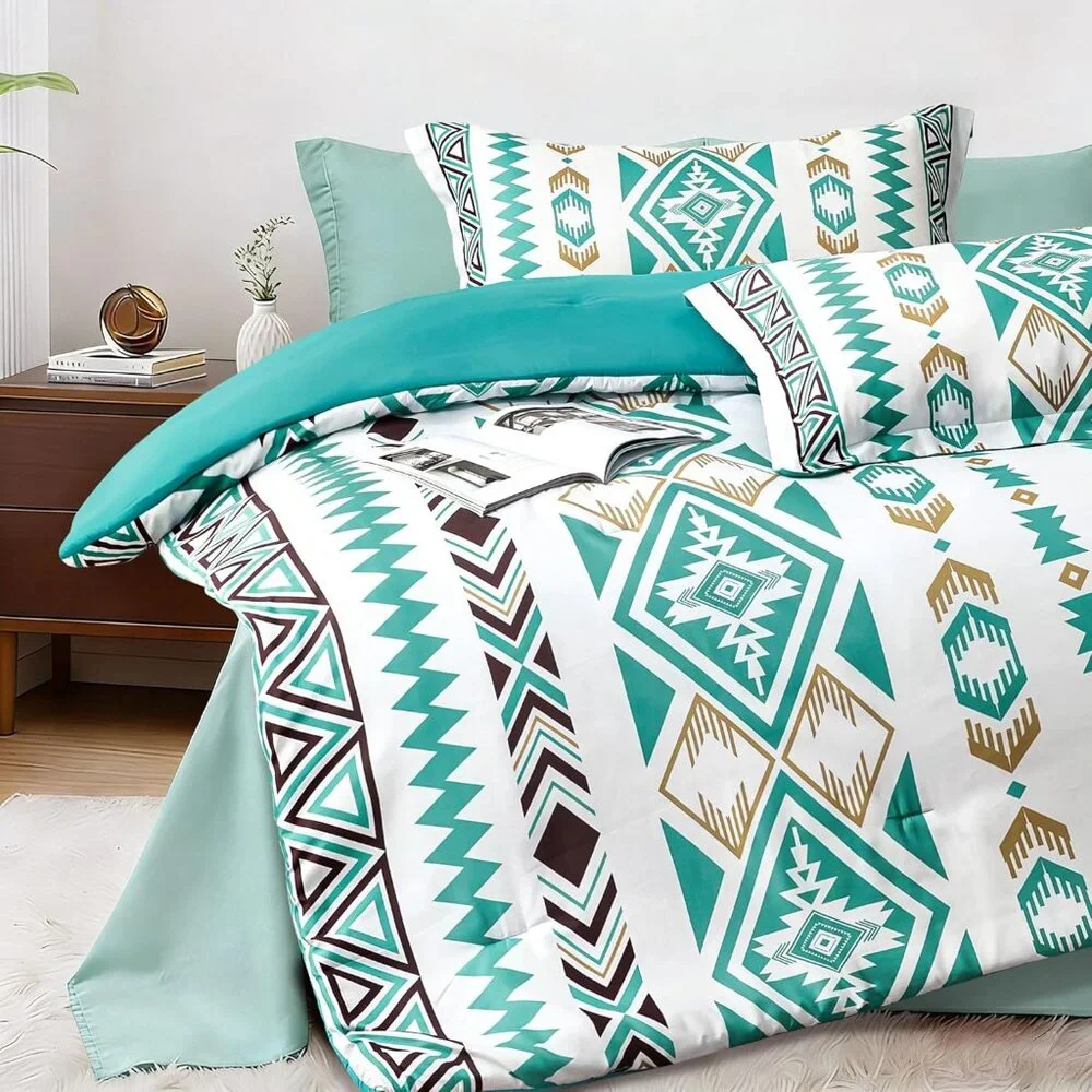 NEW King Size Comforter Set – 3 Piece Turquoise Boho Aztec Bedding, Western - Picture 2 of 3